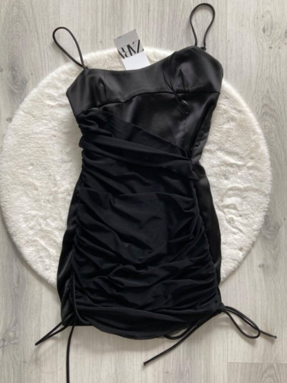 Zara Satin Ruched Mesh Overlay Mini Dress Black Size XS